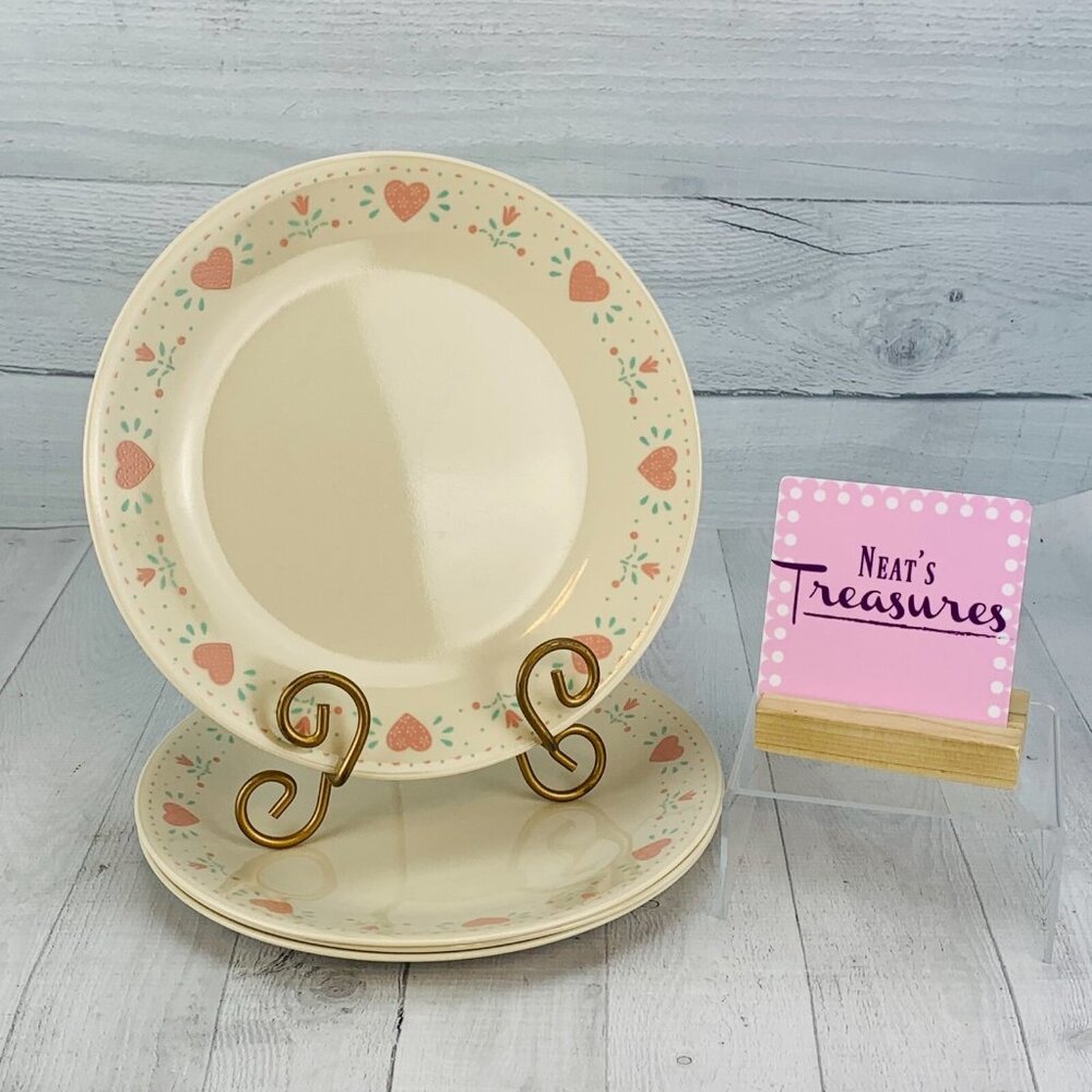 Corelle Cream Dinner Plates with Pink Heart and Green Floral Border